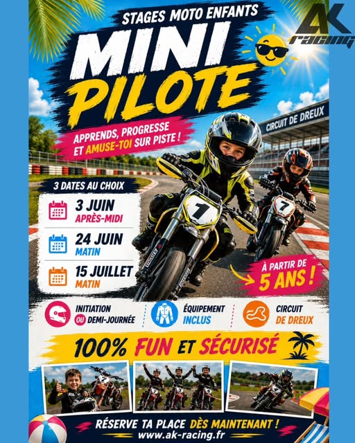 Stages Moto Enfant les 3 & 24 juin et le 15 juillet avec AK Racing